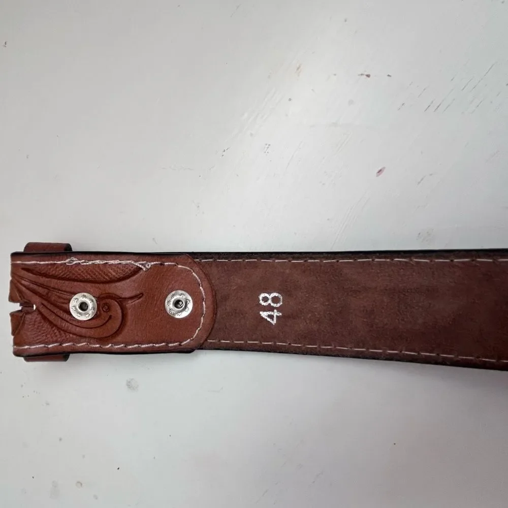 Western Floral Engraved Tooled Brown Genuine Leather Belt Strap Mens - Picture 5 of 7